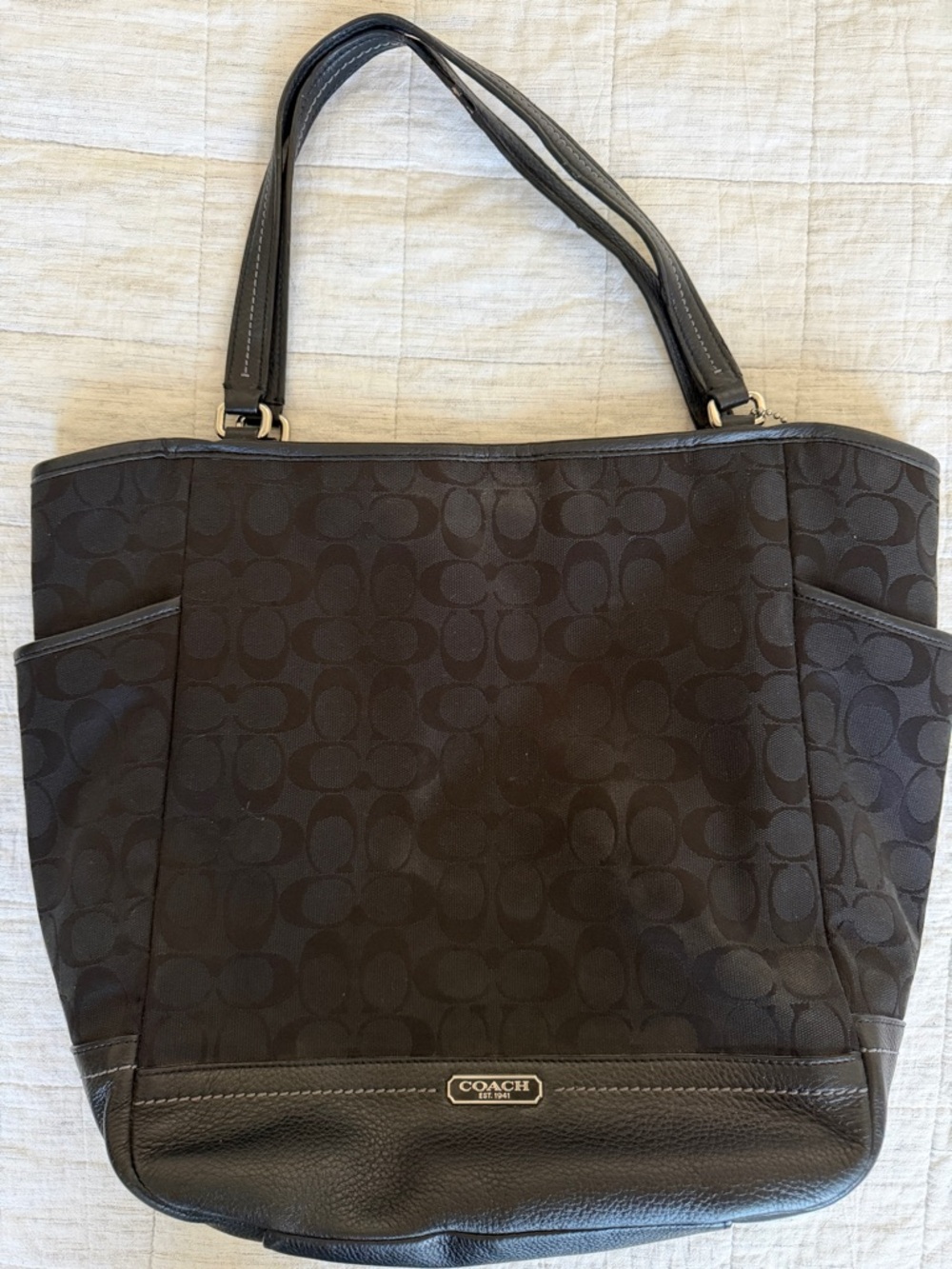 Coach Black Signature Jacquard Tote with Leather Trim